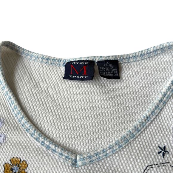 Renee M Sport embroidered waffle‑knit V‑neck tee white blue trim L 14‑16 - Picture 3 of 8
